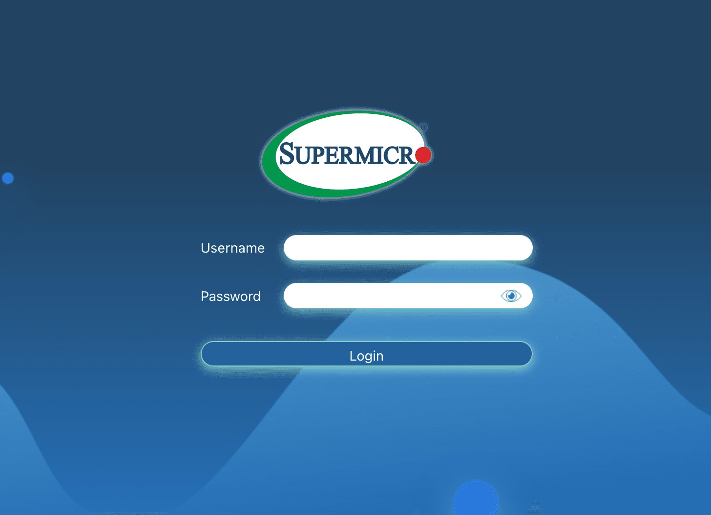 SuperMicro IPMI web interface login page showing the SuperMicro logo with username and password fields on a blue gradient background
