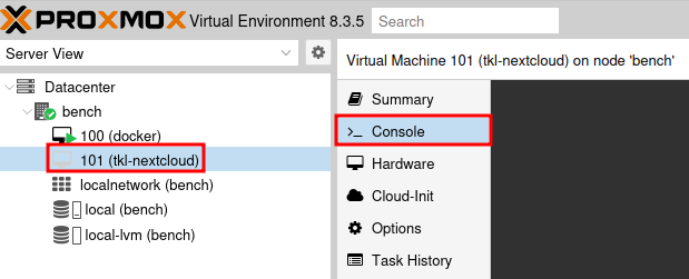 Proxmox VM 101 with Console tab selected