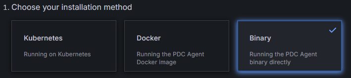 Grafana PDC installation method selection with Binary selected
