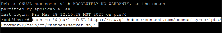 Proxmox shell terminal showing the Rustdesk Server helper script bash command pasted and ready to execute