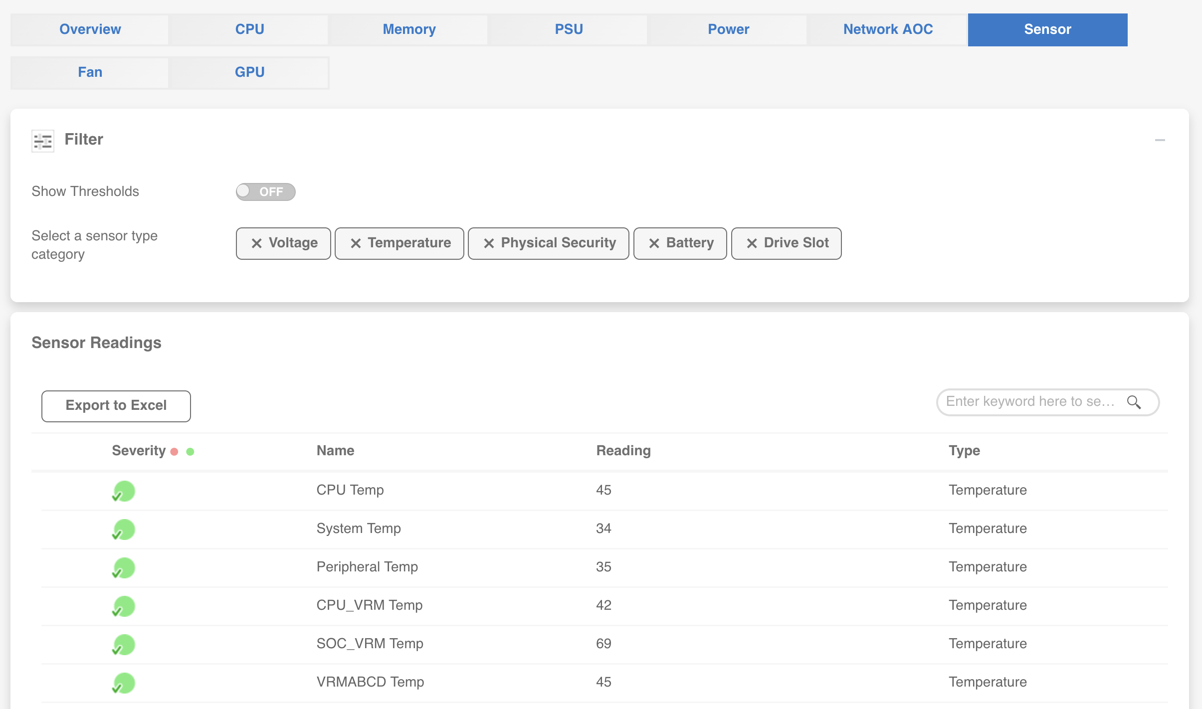 IPMI web UI sensor readings page showing temperature sensors including CPU Temp at 45, System Temp at 34, Peripheral Temp at 35, CPU_VRM Temp at 42, SOC_VRM Temp at 69, and VRMABCD Temp at 45, with filter options for Voltage, Temperature, Physical Security, Battery, and Drive Slot