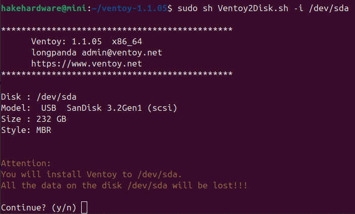 Terminal showing the Ventoy2Disk.sh installation script output with Ventoy 1.1.05 version info, disk details showing USB SanDisk 3.2Gen1 232GB on /dev/sda with MBR style, and a Continue (y/n) prompt warning that all data will be lost
