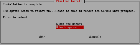 Debian Installer Finalize Install with Reboot system option highlighted