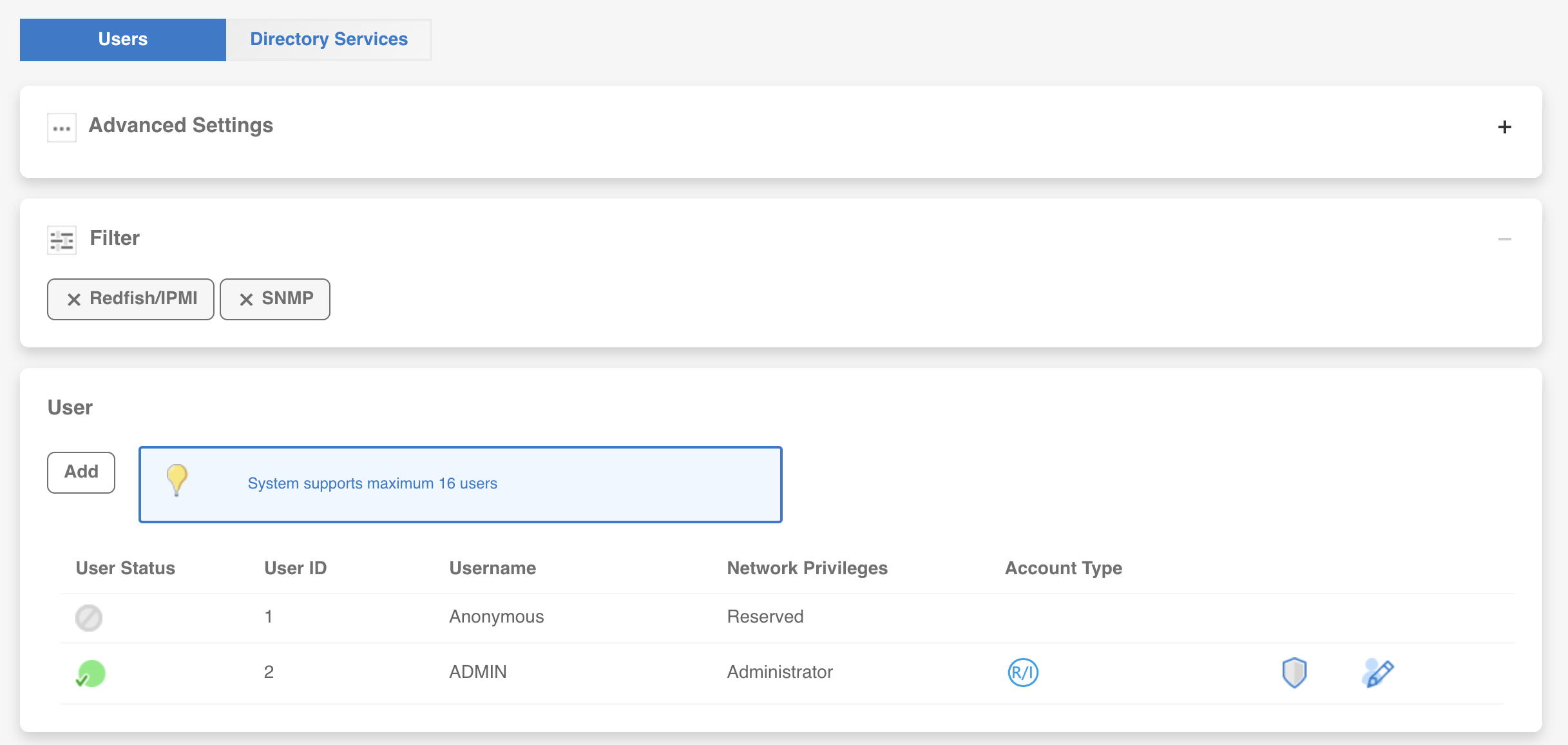 IPMI web UI user management page under Configuration showing the Users tab with two accounts: Anonymous (User ID 1, Reserved, disabled) and ADMIN (User ID 2, Administrator, enabled with Redfish/IPMI access). A note indicates the system supports maximum 16 users.