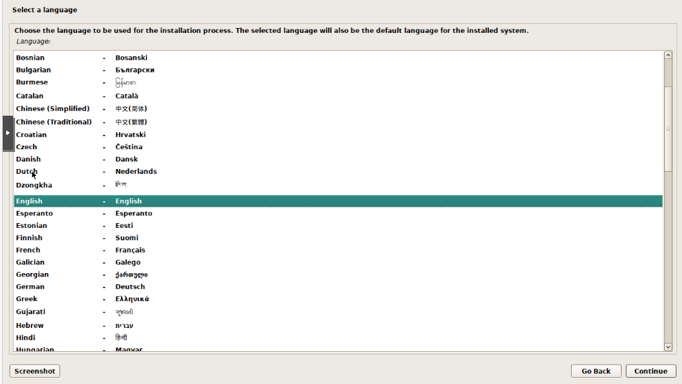 Debian installer language selection screen with English highlighted