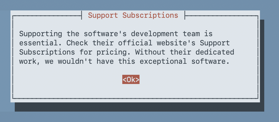 Whiptail info dialog reminding users to support the Proxmox development team through official subscriptions