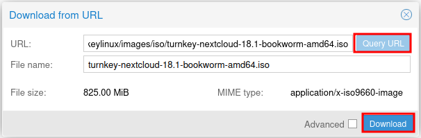 Proxmox Download from URL dialog with ISO URL pasted