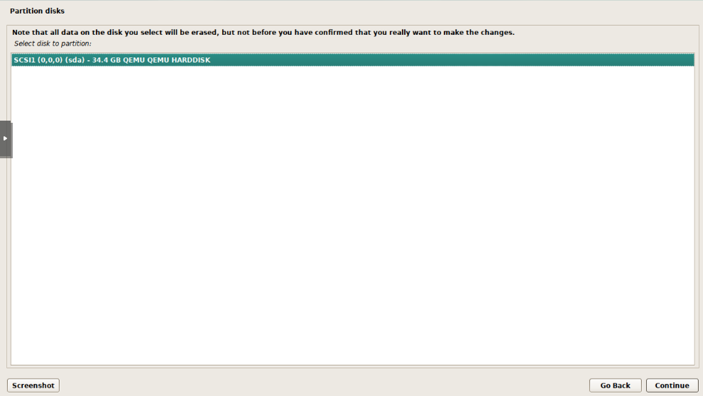 Debian installer disk selection showing SCSI 34.4 GB QEMU QEMU HARDDISK as the only available disk