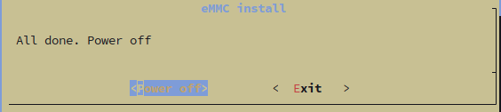 Armbian install dialog showing 'All done. Power off' message with Power off and Exit buttons
