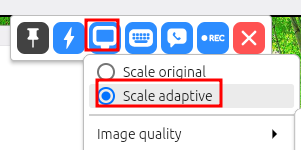 Rustdesk remote session toolbar showing display scaling options with Scale adaptive selected, alongside Scale original and Image quality settings