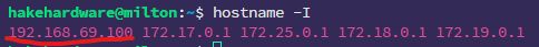 Terminal showing output of hostname -I command on milton server displaying IP addresses 192.168.69.100 along with Docker network IPs