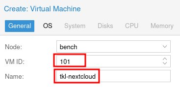 Proxmox Create VM General tab with VM ID 101 and name tkl-nextcloud
