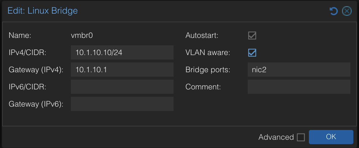 Proxmox Edit Linux Bridge dialog for vmbr0 showing VLAN aware checkbox enabled