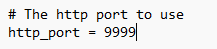 Grafana configuration file showing http_port set to 9999 with the comment 'The http port to use'