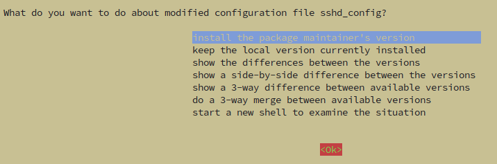 Package maintainer sshd_config version prompt