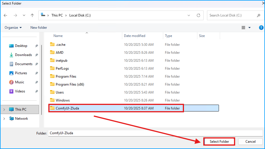 Select ComfyUI-Zluda Folder