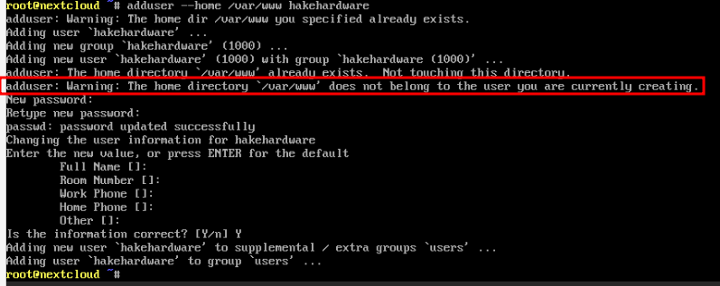 Adduser command output with home directory warning