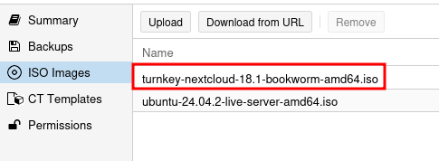 Proxmox ISO Images list with TurnKey Nextcloud ISO