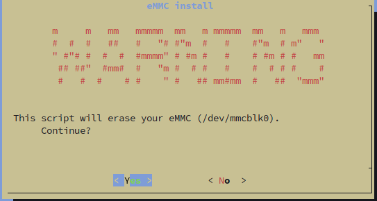 Armbian install dialog with ASCII art warning that the script will erase eMMC /dev/mmcblk0 with Yes and No buttons
