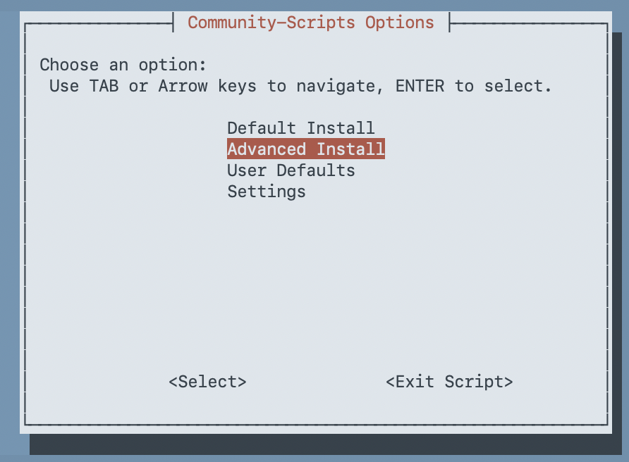Community-Scripts Options dialog with Advanced Install highlighted