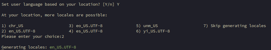 Terminal showing Armbian locale selection prompt with en_US.UTF-8 chosen as option 2, generating locales