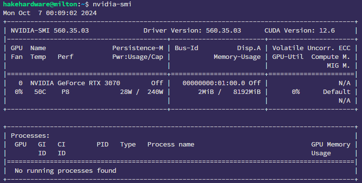 Terminal output of nvidia-smi command showing NVIDIA-SMI 560.35.03, Driver Version 560.35.03, CUDA Version 12.6, with an NVIDIA GeForce RTX 3070 detected
