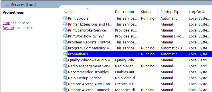 Windows Services console showing Prometheus service highlighted with status Running and Startup Type set to Automatic