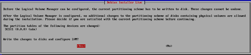 Debian Installer write changes to disk confirmation with Yes selected