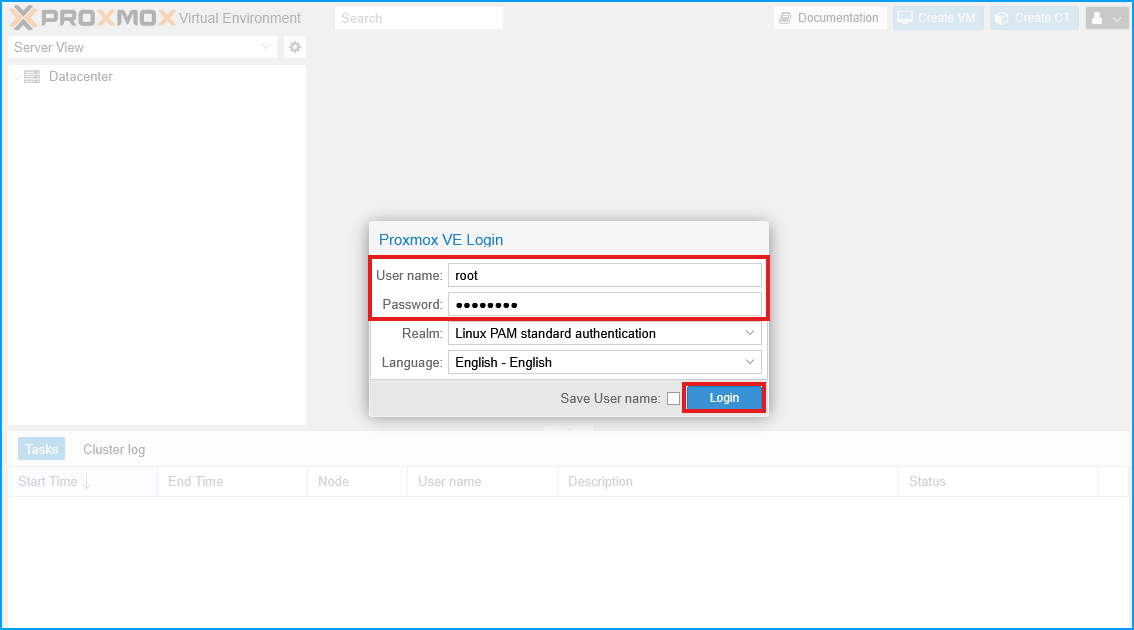 Proxmox VE web login page with root user and Linux PAM authentication