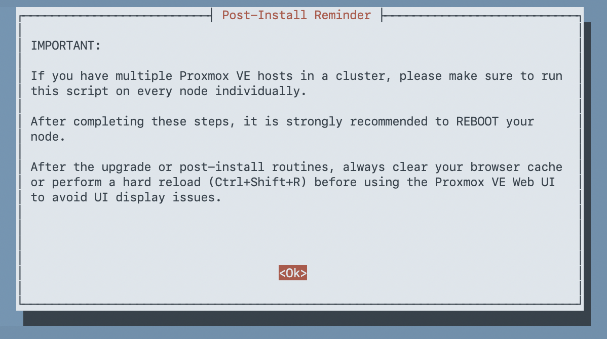 Whiptail info dialog with post-install reminders about running the script on each cluster node and clearing browser cache after completion