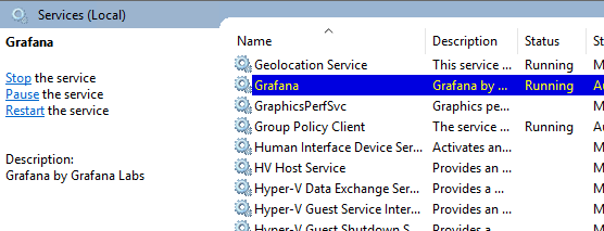 Windows Services manager showing Grafana service selected with status Running, with options to Stop, Pause, or Restart the service
