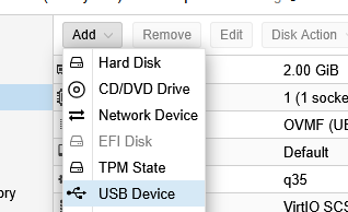 Proxmox VM Hardware Add dropdown menu showing USB Device option