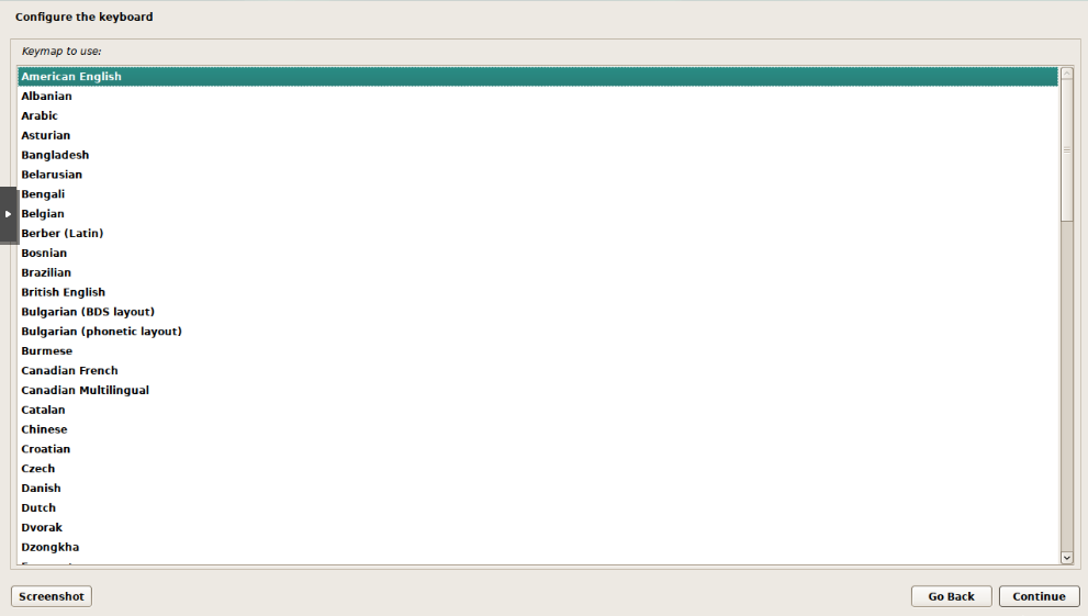 Debian installer keyboard configuration screen with American English keymap selected