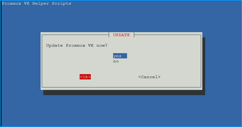 Dialog asking to update Proxmox VE with yes selected