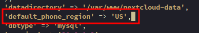Nextcloud config.php with default_phone_region set to US