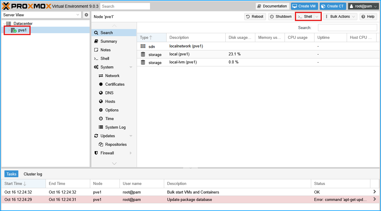 Proxmox VE web interface with the node selected and Shell button highlighted