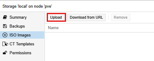 Proxmox ISO Images storage view with the Upload button highlighted