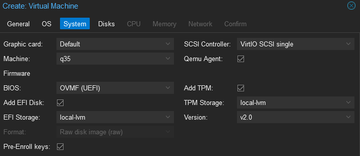 Proxmox Create VM System Tab