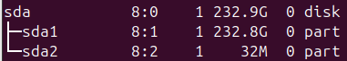 Terminal output from lsblk showing /dev/sda with two partitions: sda1 at 232.8G for ISO files and sda2 at 32M reserved for Ventoy