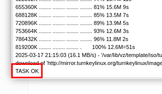 Proxmox task output showing TASK OK for ISO download