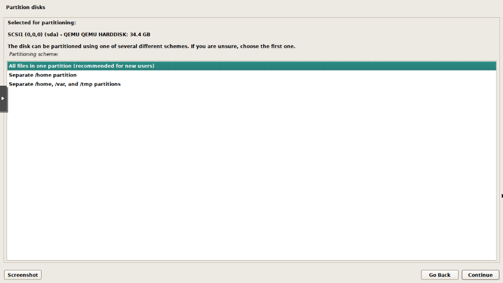 Debian installer partition scheme selection with All files in one partition recommended for new users