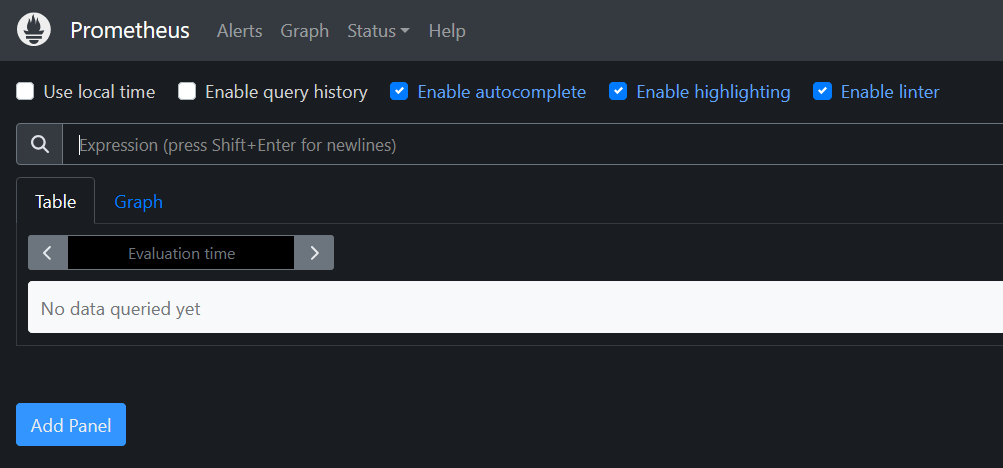 Prometheus web interface showing the query expression input with Table and Graph tabs, displaying 'No data queried yet' and an Add Panel button