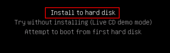 TurnKey boot menu with Install to hard disk highlighted