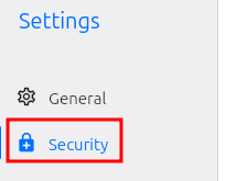 Rustdesk client Settings menu showing General and Security options, with Security highlighted by a red box