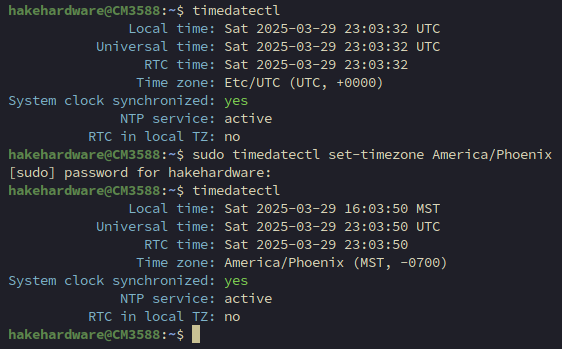 Terminal output of timedatectl showing timezone set to America/New_York