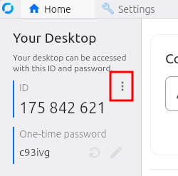 Rustdesk client application showing the home screen with ID 175 842 621, one-time password c93ivg, and a three-dot menu button highlighted with a red box