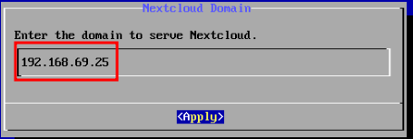 TurnKey Nextcloud Domain dialog with IP address entered