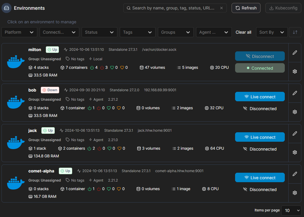 Portainer Environments Dashboard with Multiple Hosts