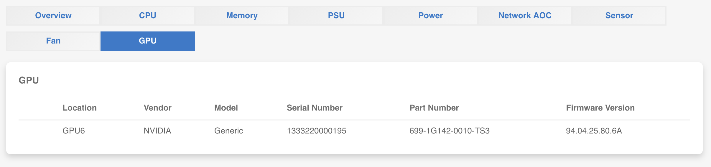 IPMI web UI GPU tab showing an NVIDIA GPU in slot GPU6 with serial number, part number 699-1G142-0010-TS3, and firmware version 94.04.25.80.6A