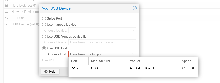 Proxmox Add USB Device dialog with Use USB Port selected